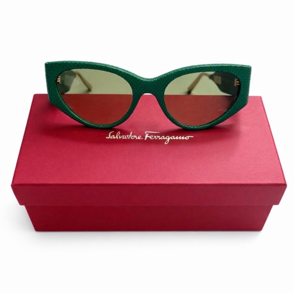 Salvatore Ferragamo Emerald Green Cat-Eye Sunglasses w/Case, Pouch and Cloth